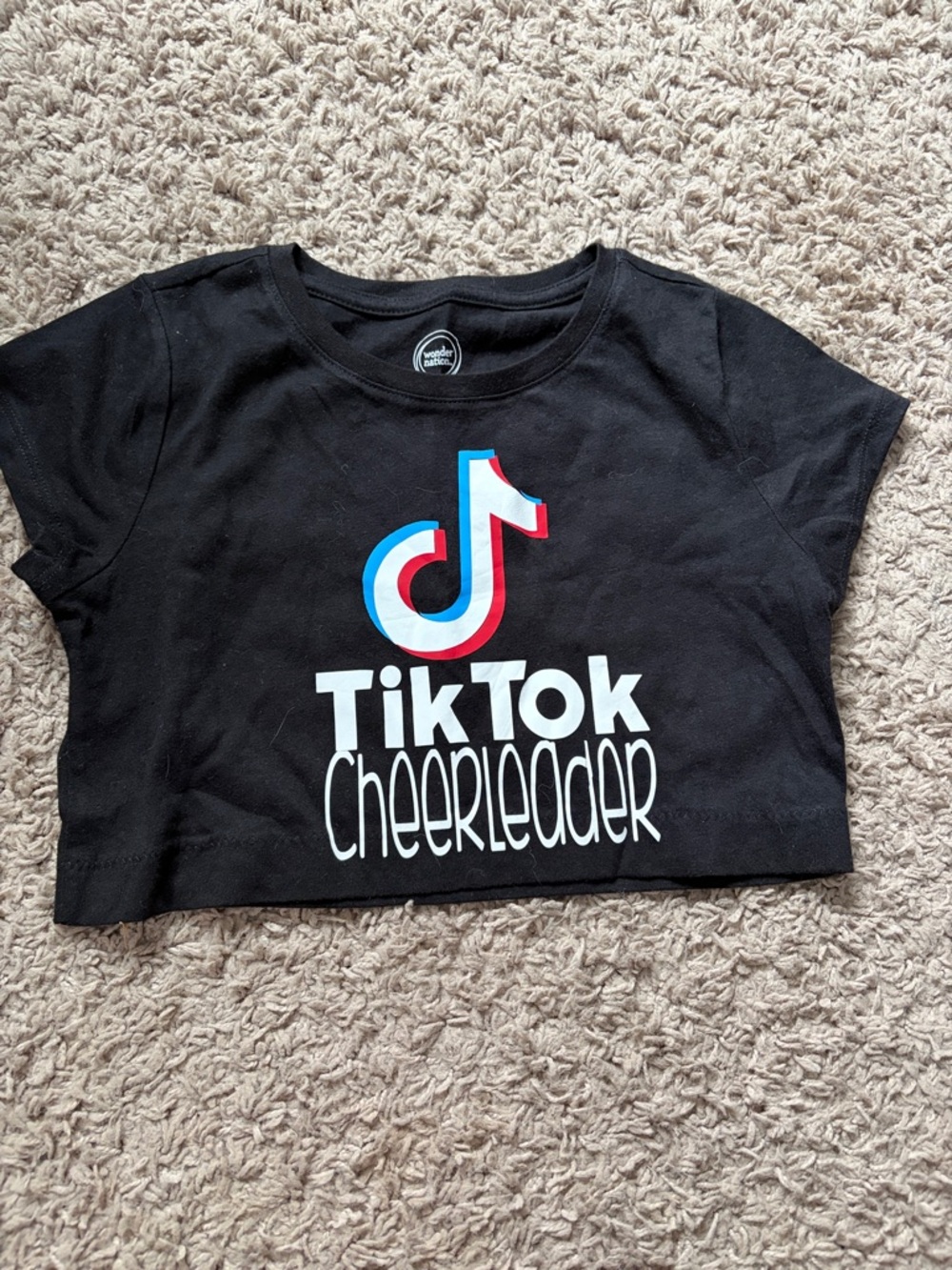wonder nation Black TikTok Cheerleader Crop Tee with Blue & Red Logo